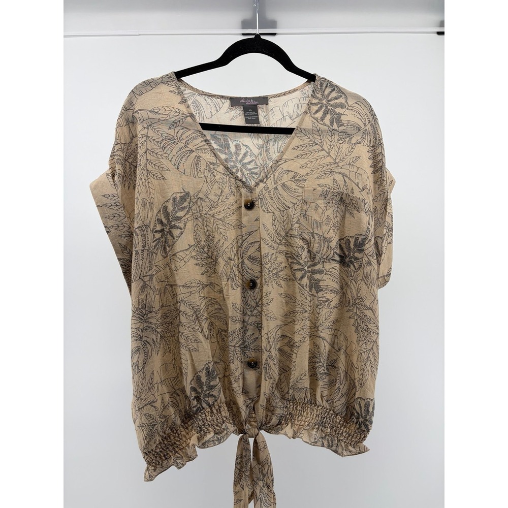 Olivia & Martin Tan Tropical Foliage Print SS Tie Front Top, Sz XL S223